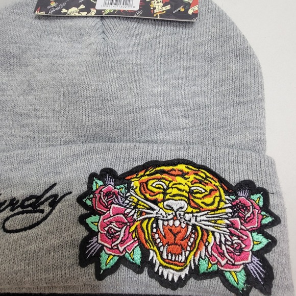 Ed Hardy 2-Pk Knit Beanie Hat Skull Love Kills‎ Tiger Y2K One Sz Embroidered NWT main image 4